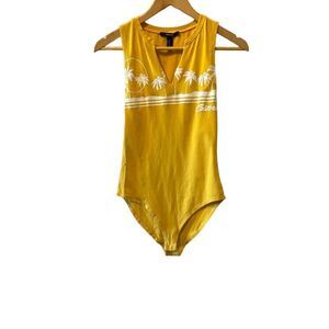 FOREVER 21 Yellow Graphic Print Sleeveless V Neck Casual Bodysuit M